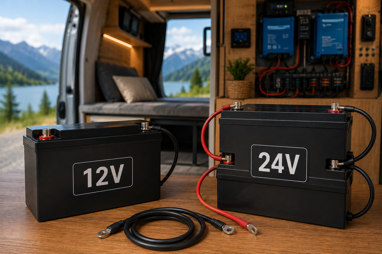 12V en 24V lithium accu vergelijking in een off-grid camper interieur