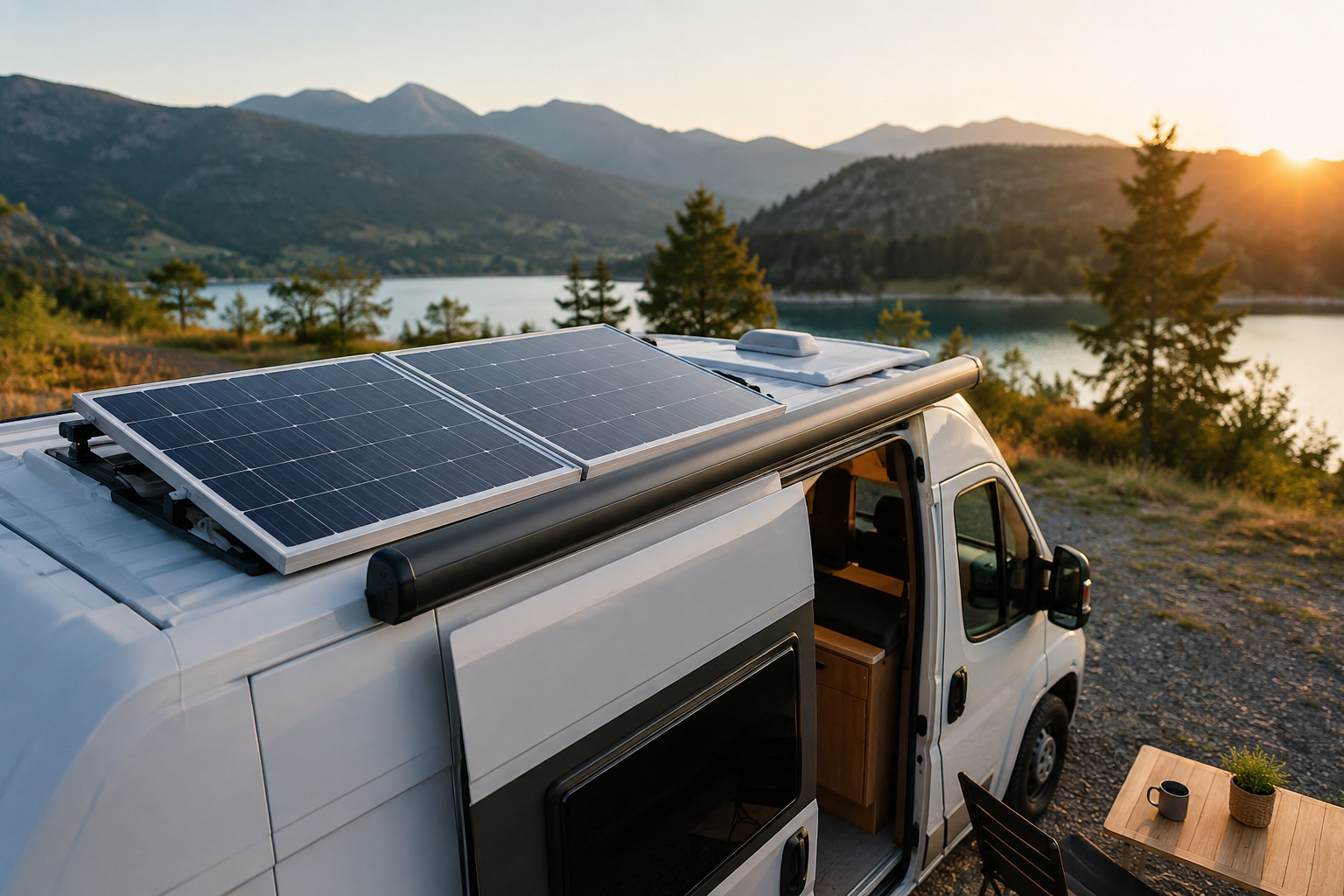 Camper met zonnepanelen aan het meer tijdens off-grid kamperen in de bergen