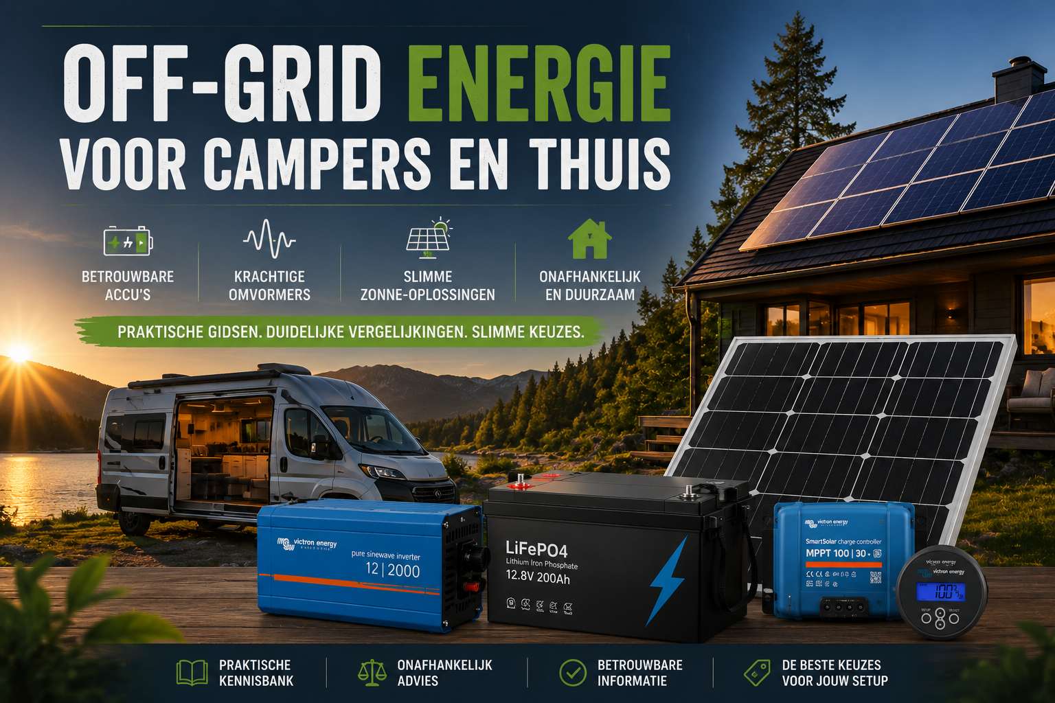 Off-grid energie systeem met camper, zonnepanelen, LiFePO4 accu en omvormer voor thuis en mobiel gebruik