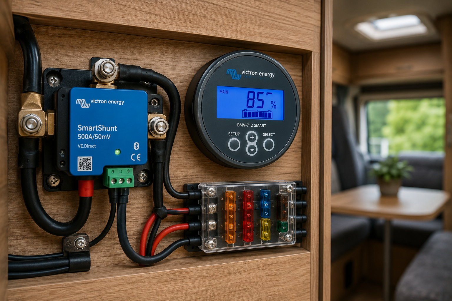 Accumonitor in een camper met lithium accu en realtime off-grid stroomverbruik weergave