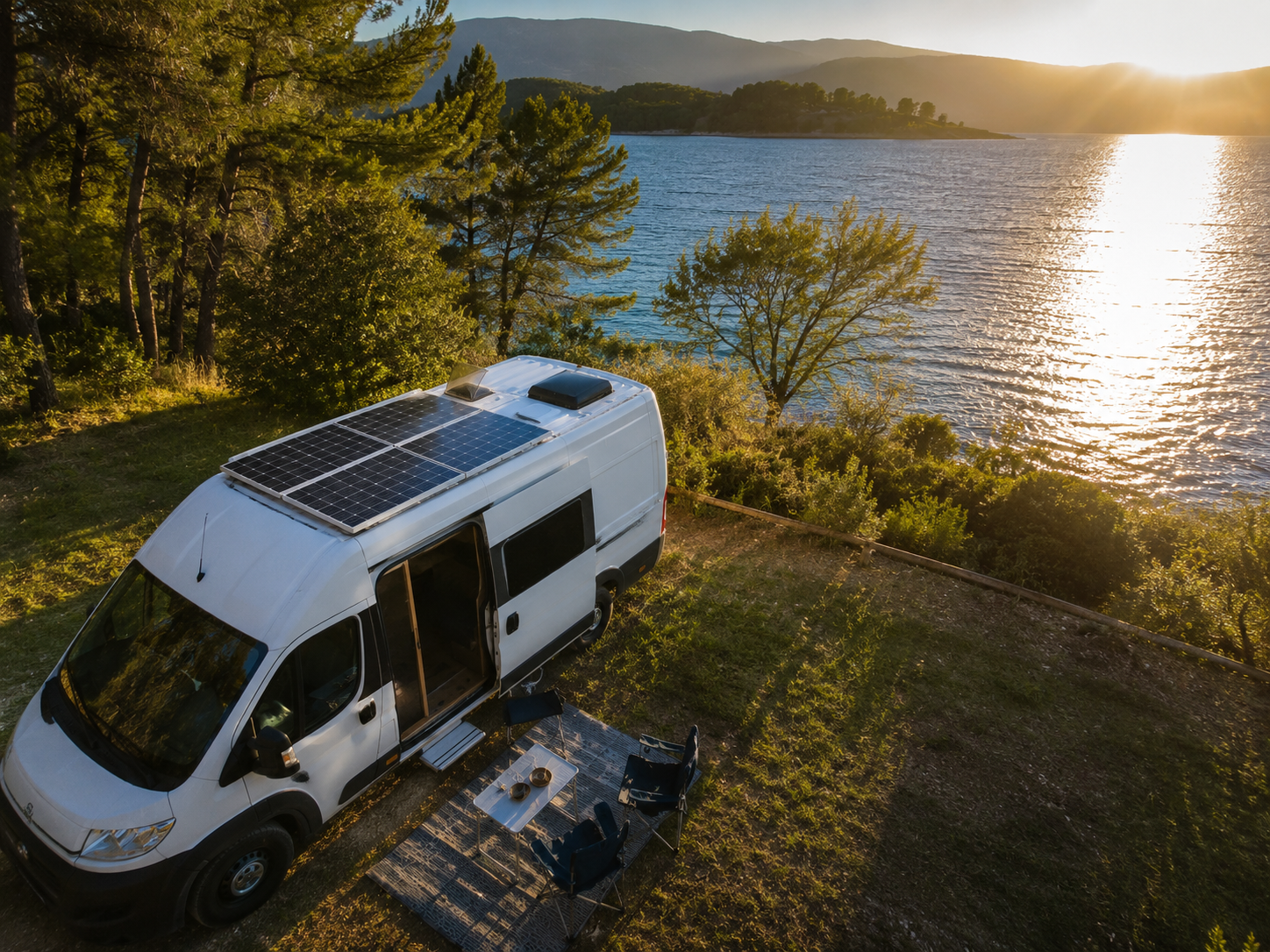 Camper met zonnepanelen aan een meer tijdens zonnige off-grid reis