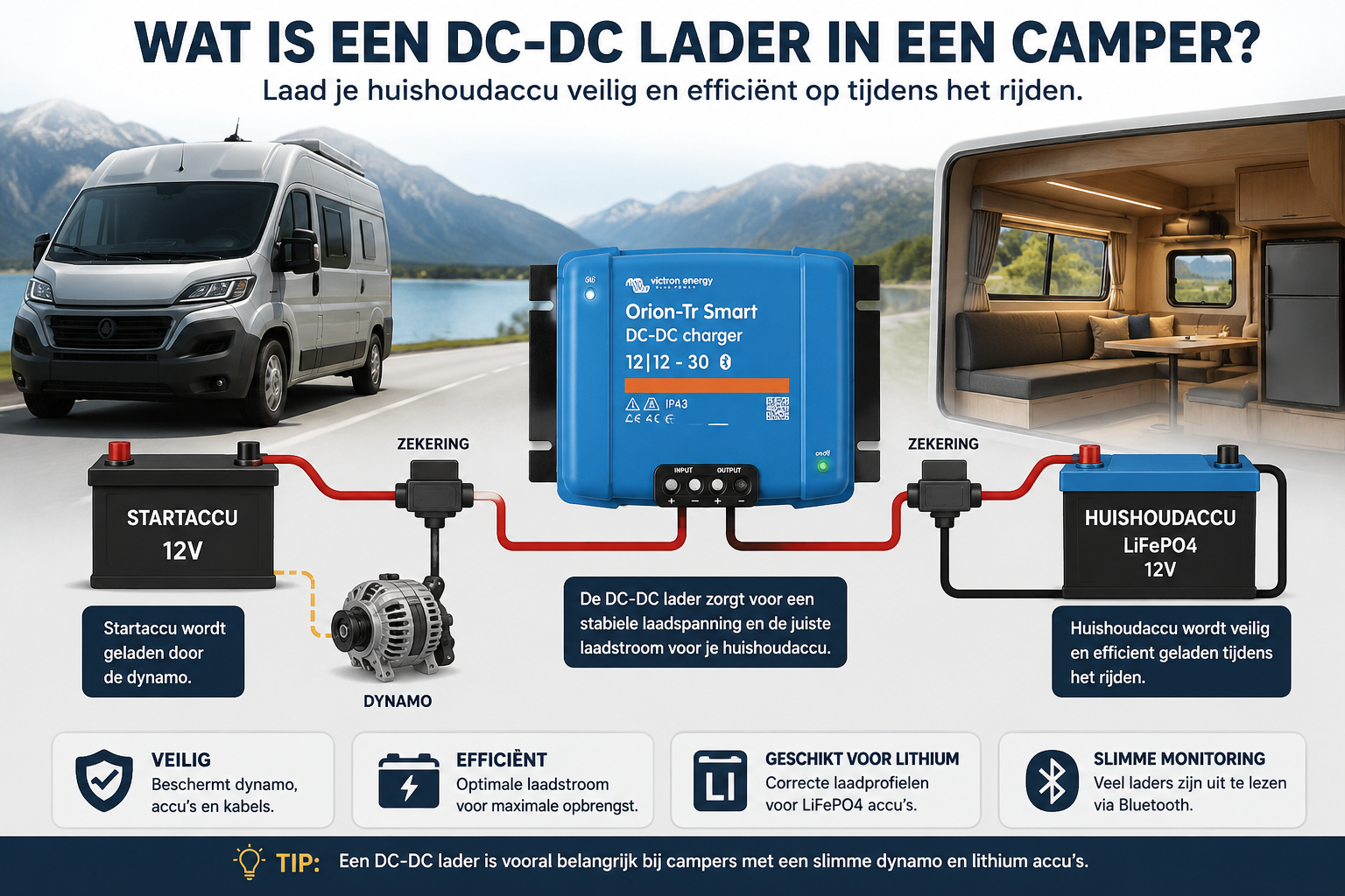 DC-DC lader in een camper met lithium accu en dynamo laadinstallatie