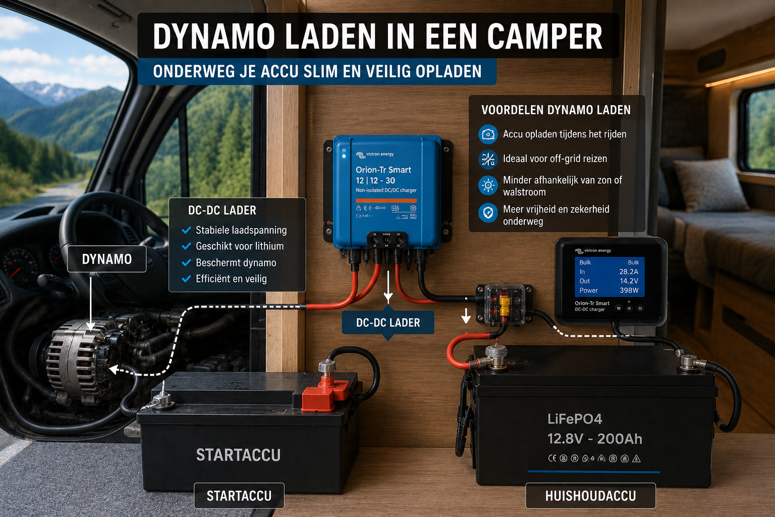 Dynamo laden van een lithium huishoudaccu in een off-grid camper met DC-DC lader