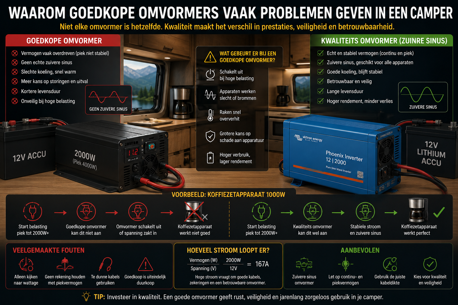 Vergelijking tussen goedkope en kwalitatieve camper omvormers met zuivere sinus en lithium accu