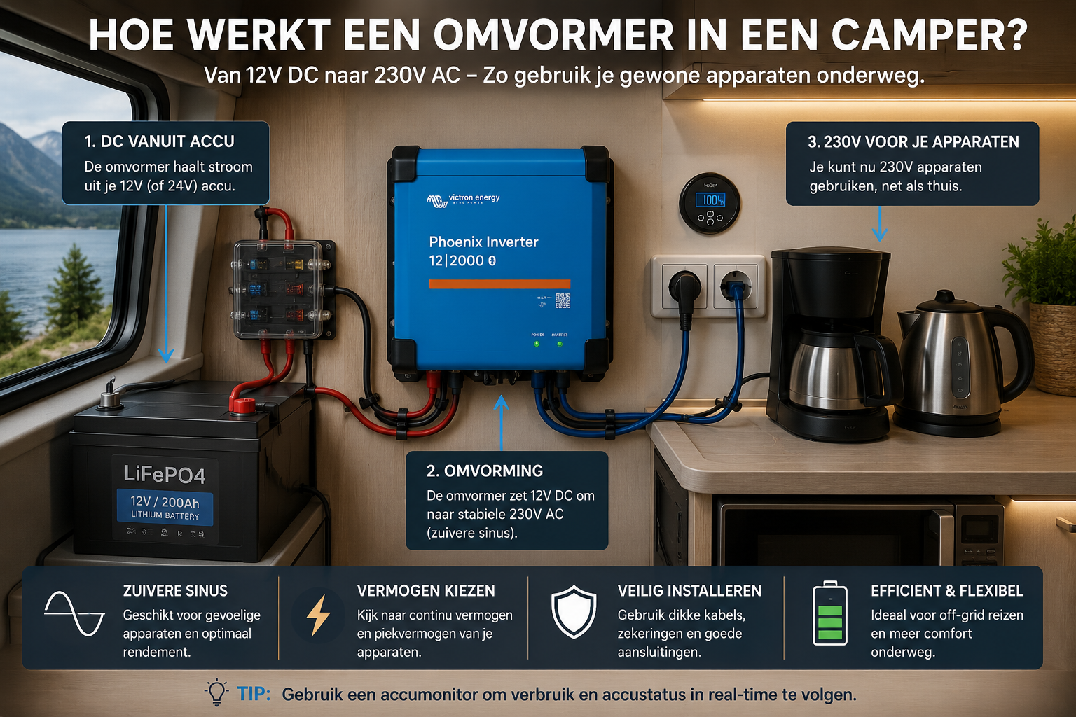 Omvormer in een camper die 12V accustroom omzet naar 230V voor huishoudelijke apparaten