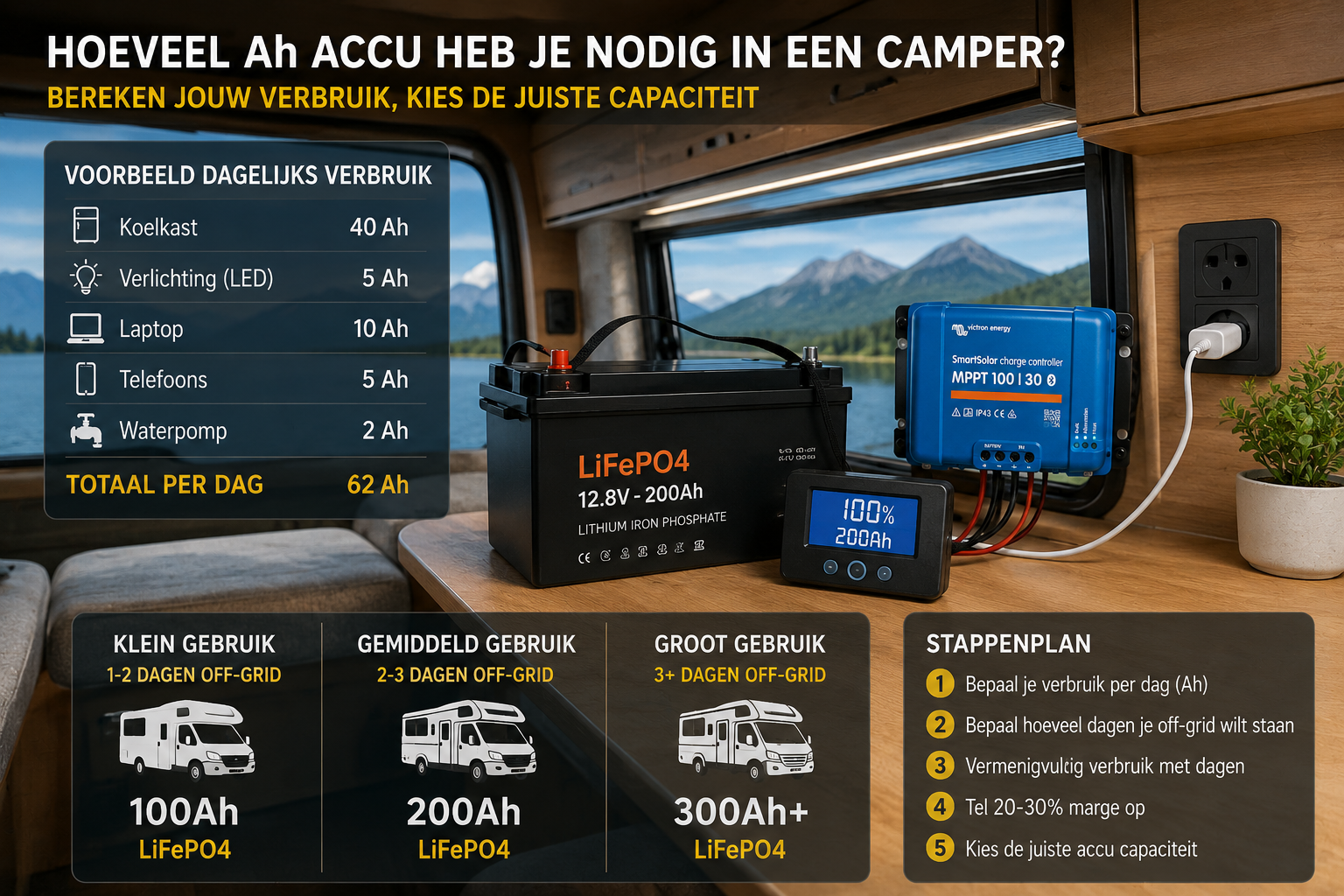 LiFePO4 camper accu met laadregelaar en stroomverbruik voorbeeld voor off-grid systemen
