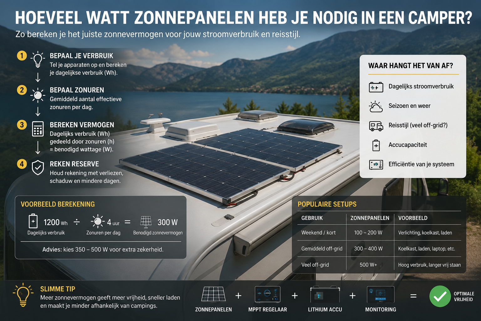 Camper met zonnepanelen op het dak en uitleg over benodigd zonnevermogen voor off-grid reizen