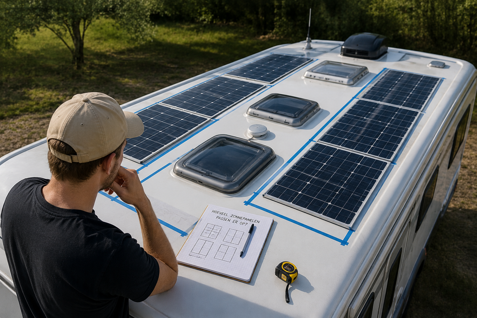 Camperdak met zonnepanelen en indelingsplan voor maximale off-grid zonne-energie