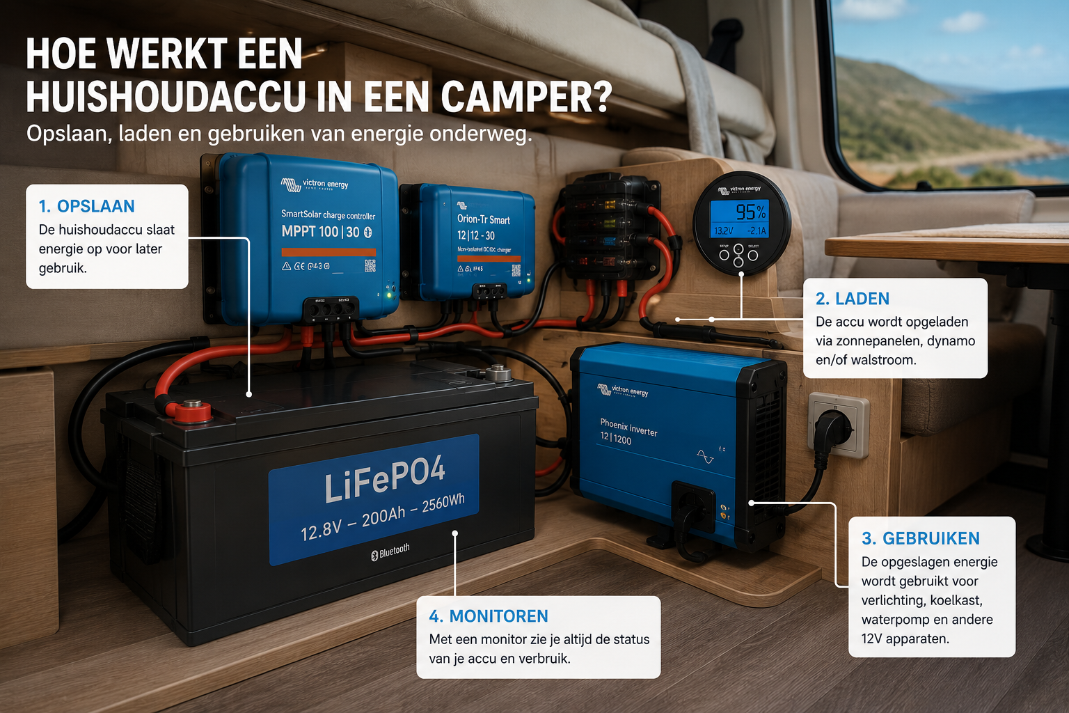 Huishoudaccu in een camper met off-grid stroominstallatie en lithium energieopslag
