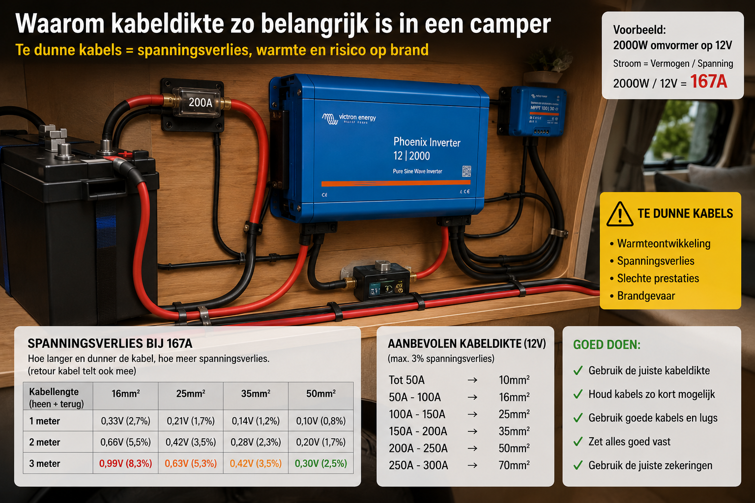 Camper stroominstallatie met dikke accukabels, omvormer en uitleg over kabeldikte en spanningsverlies
