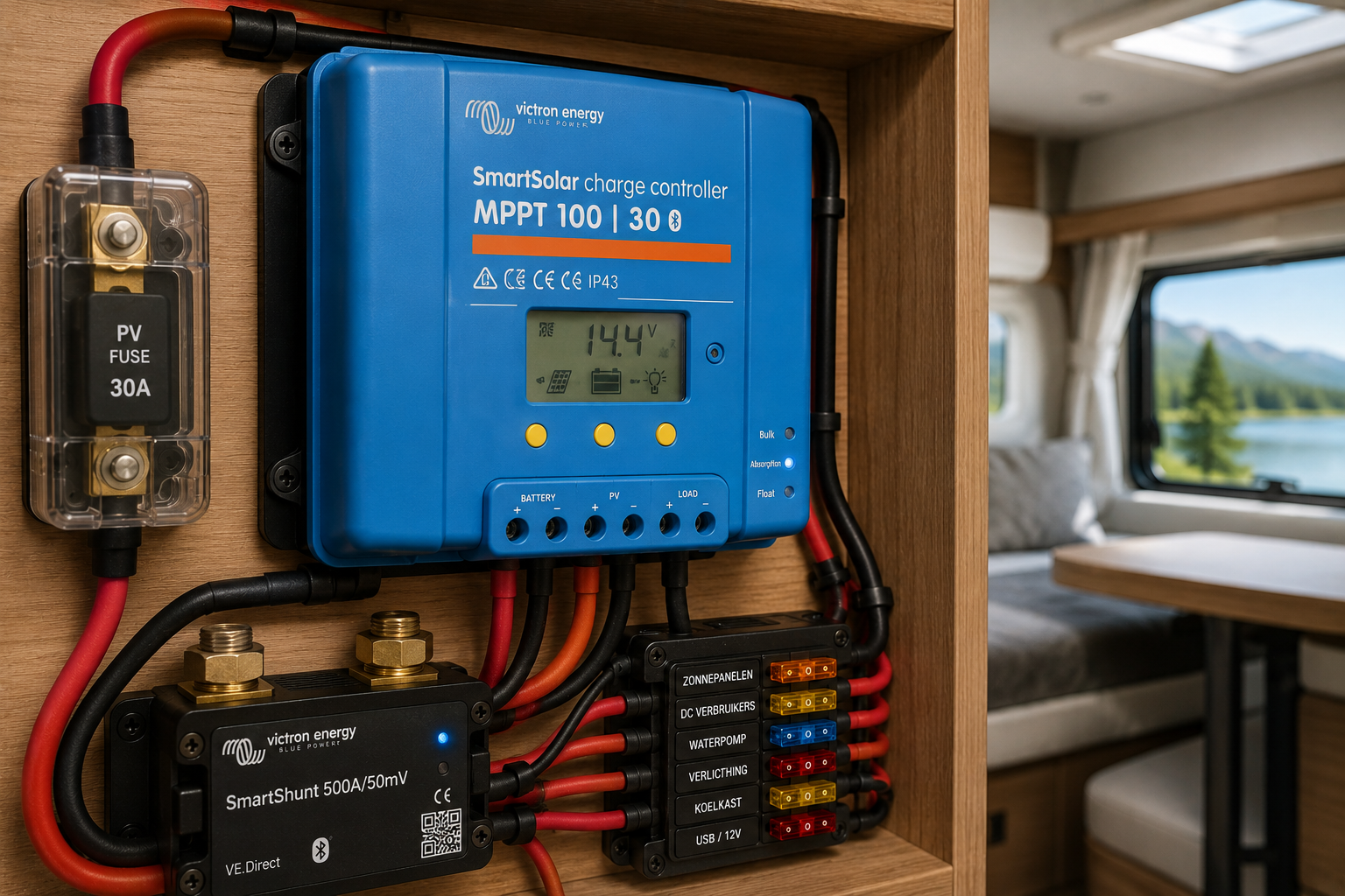 MPPT laadregelaar in een camper met zonnepanelen, zekeringen en lithium accu systeem