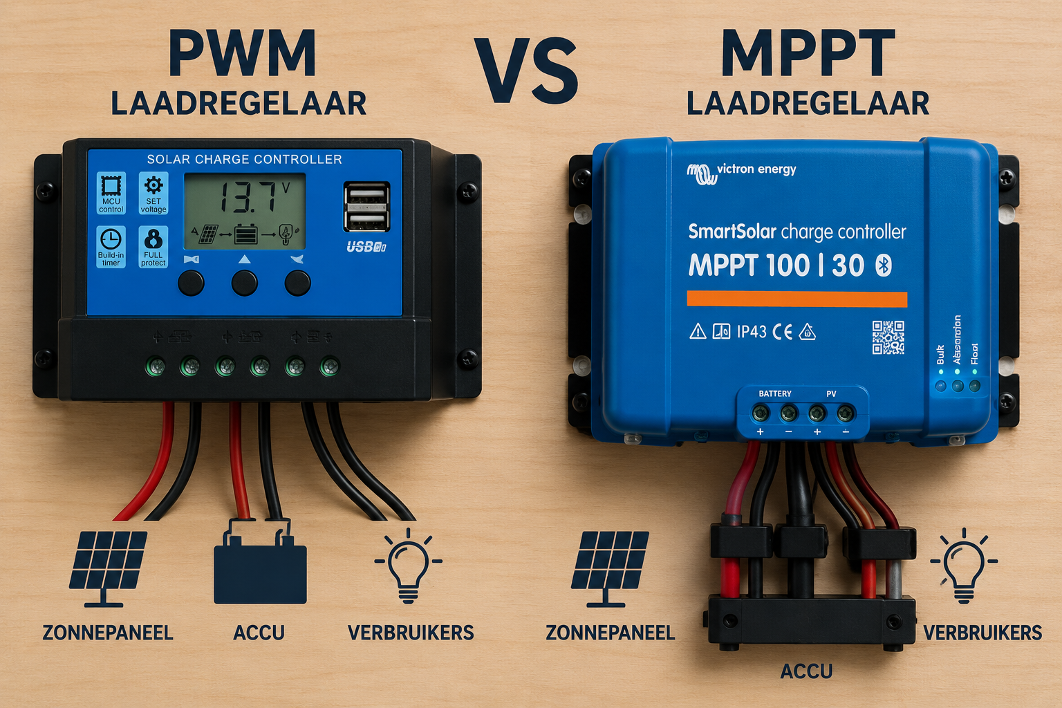 Vergelijking tussen PWM en MPPT laadregelaar voor zonnepanelen en camper accu systemen