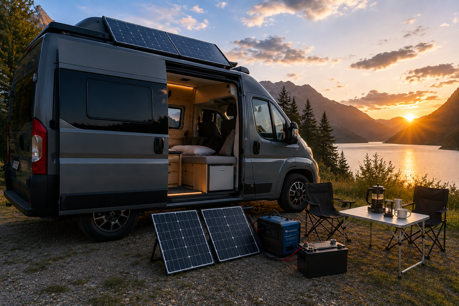 Off-grid camper met zonnepanelen en lithium accu aan een meer in de bergen tijdens zonsondergang