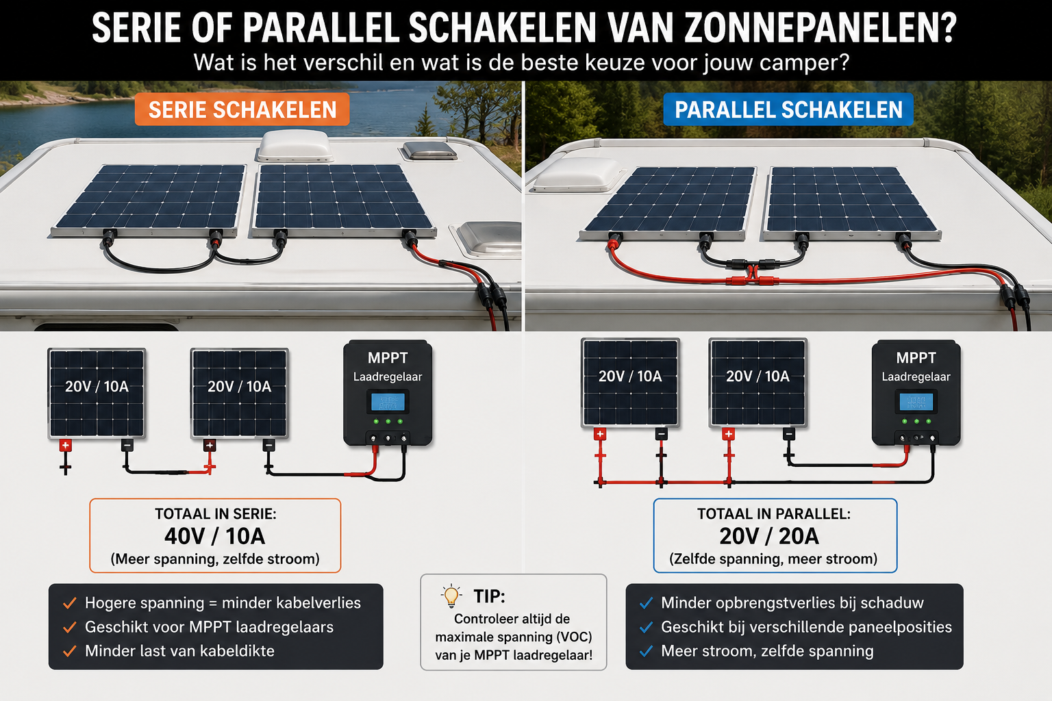 Serie versus parallel schakelen van zonnepanelen op een camper met MPPT laadregelaar