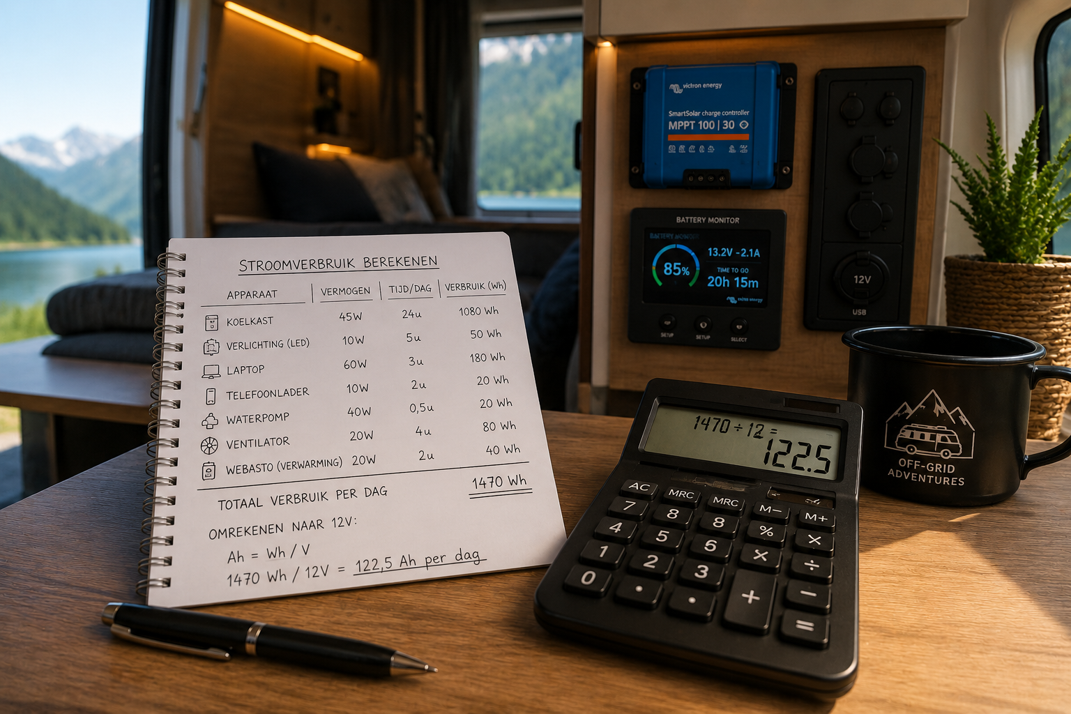 Berekening van stroomverbruik in een camper met rekenmachine, apparaten en off-grid energiesysteem