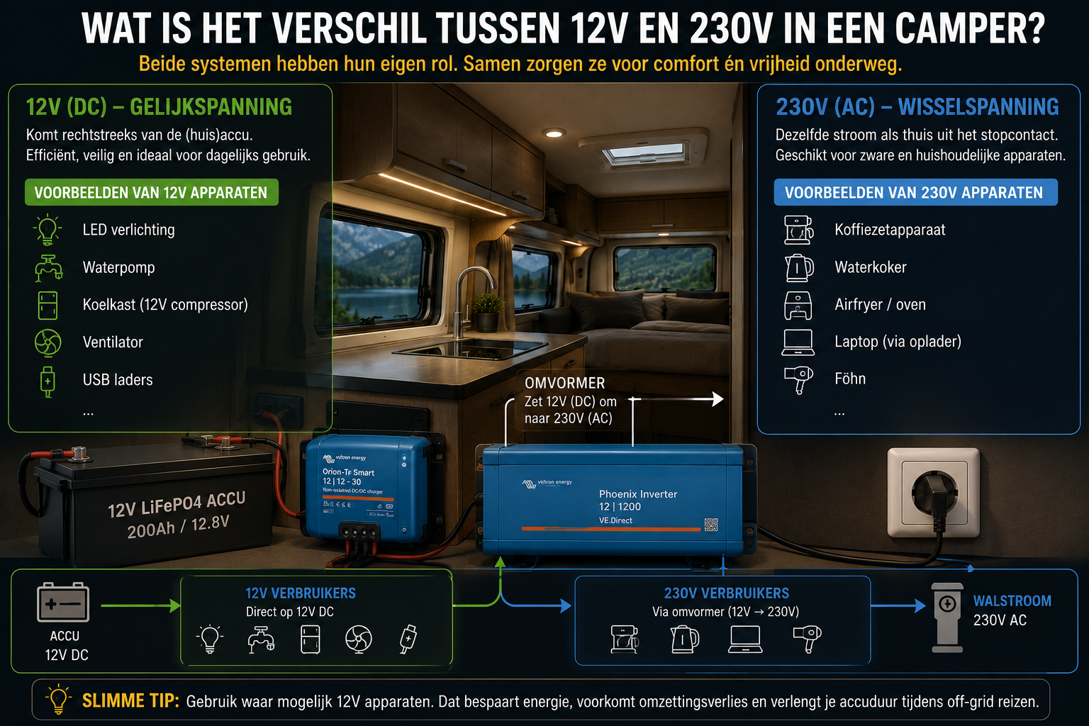 Vergelijking tussen 12V en 230V stroom in een camper met omvormer en huishoudelijke apparaten