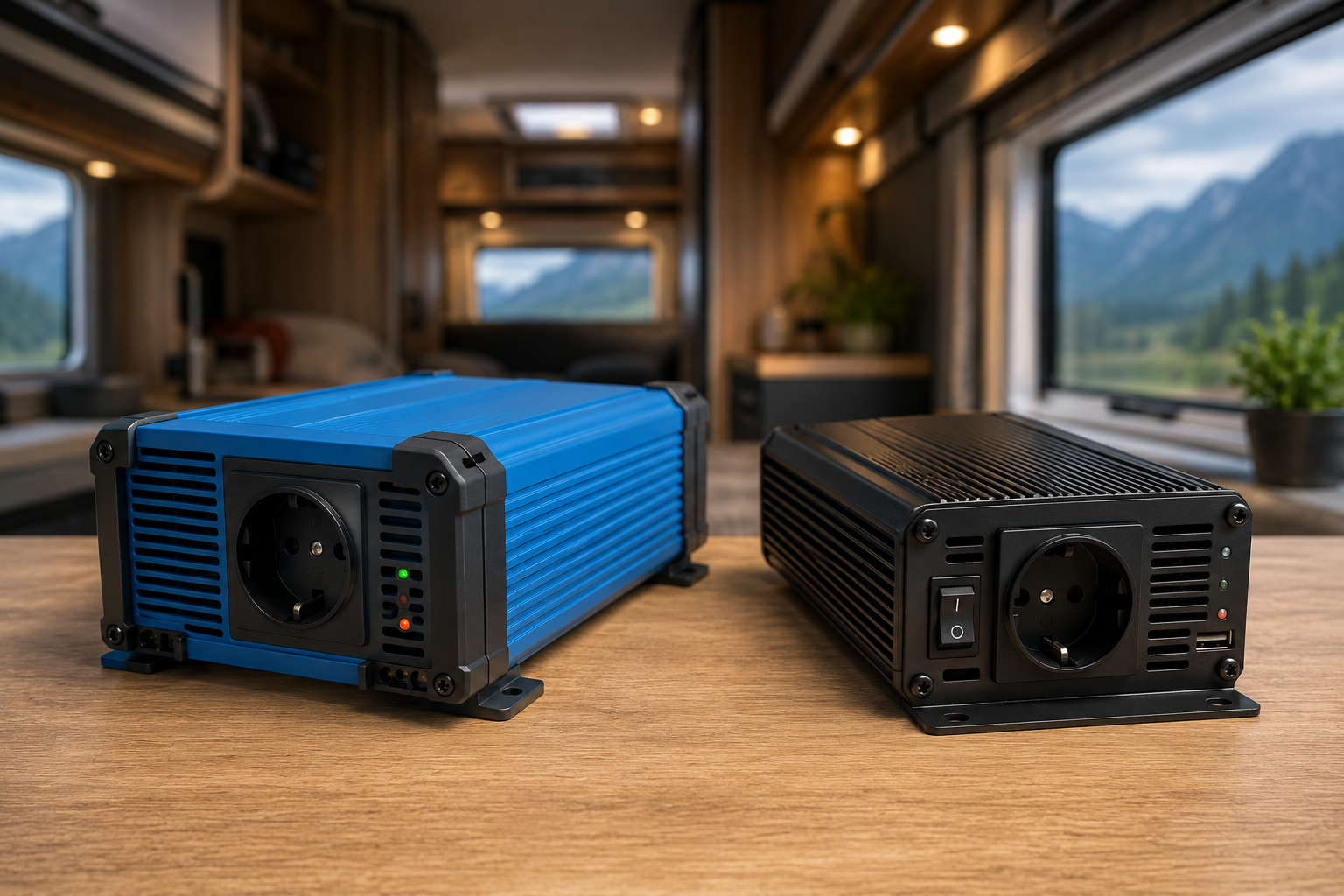 Premium en budget omvormer vergelijking in een camper interieur voor off-grid stroomsystemen