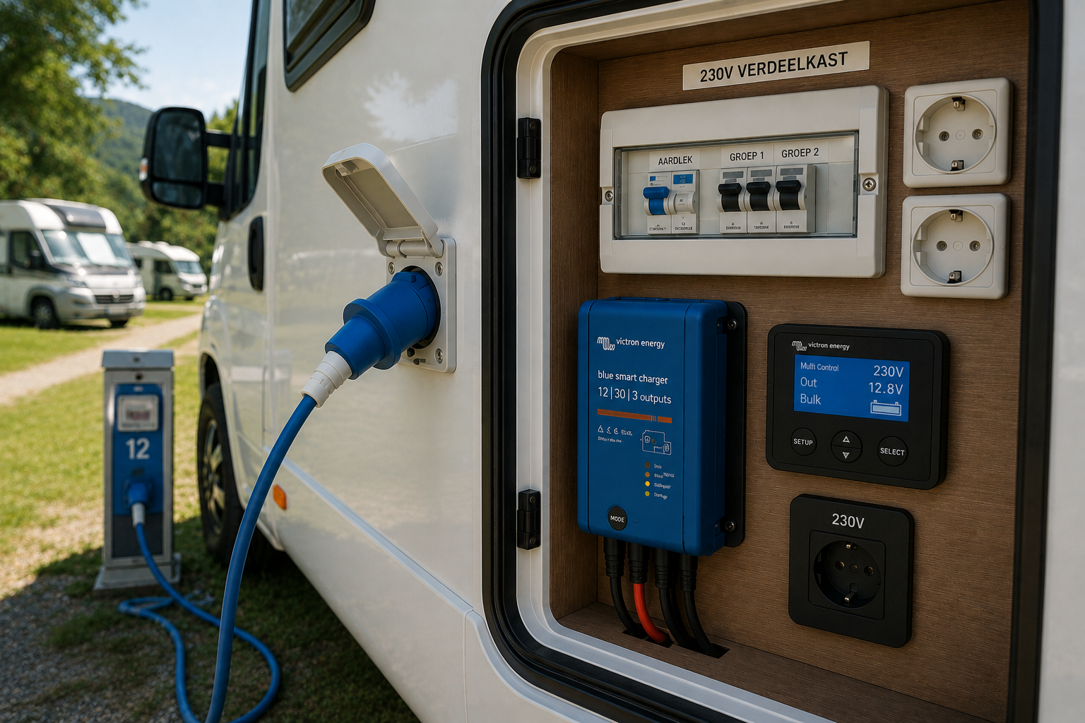 Camper aangesloten op walstroom met CEE stekker, acculader en 230V installatie