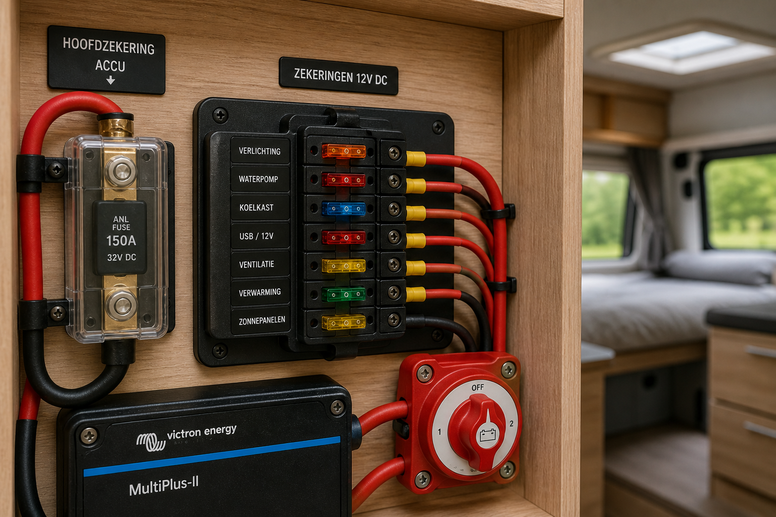 Zekeringkast in een camper met hoofdzekering, stroomverdeling en off-grid elektra installatie