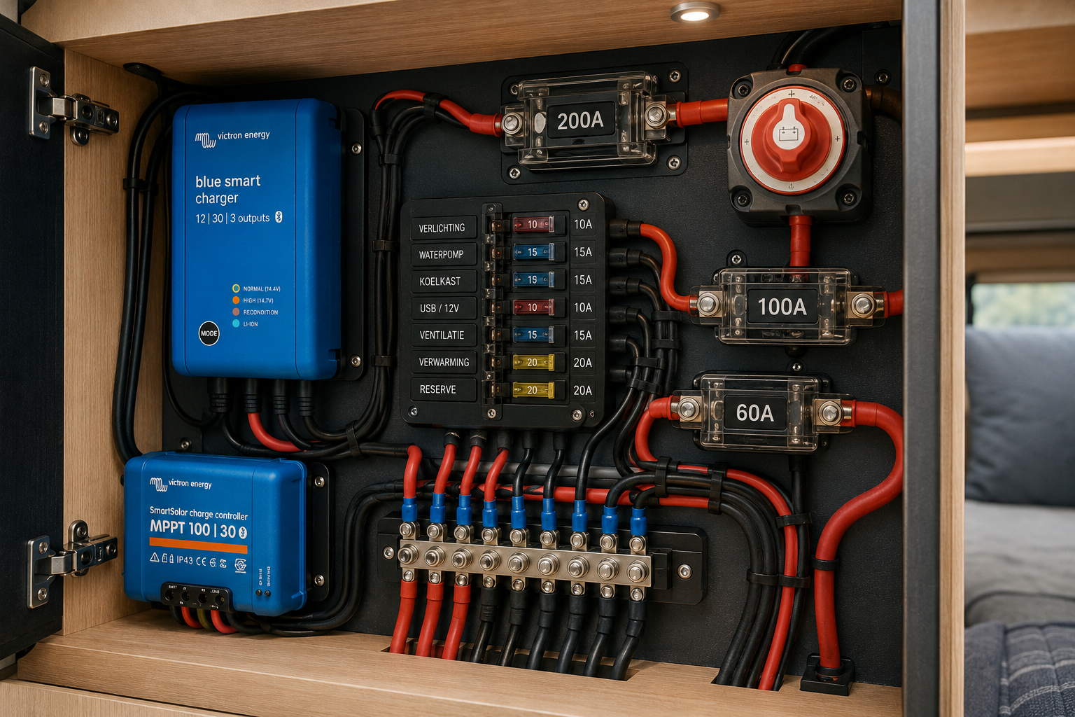 Zekeringkast en elektrische camper installatie met off-grid componenten en dikke stroomkabels