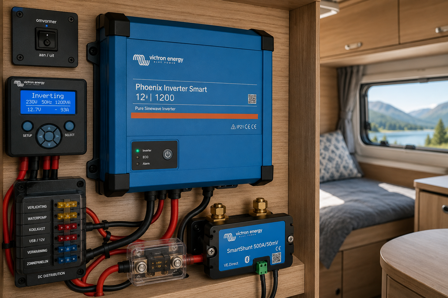 Zuivere sinus omvormer in een camper met off-grid elektra installatie en lithium accu systeem